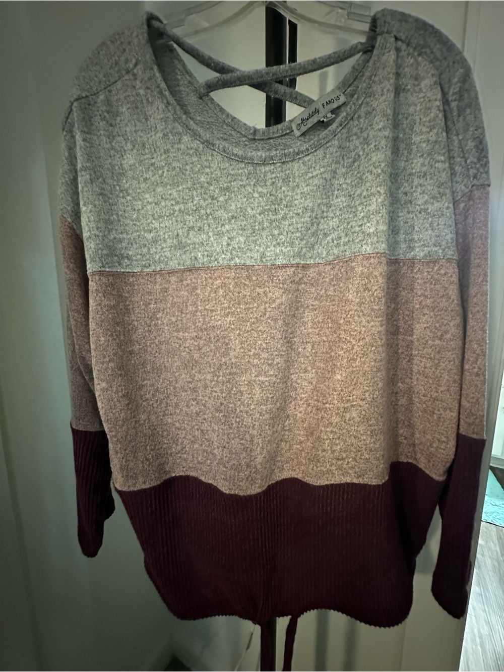 Cozy Colorblock Crisscross Back Sweater - Gray, Taupe & Burgundy
